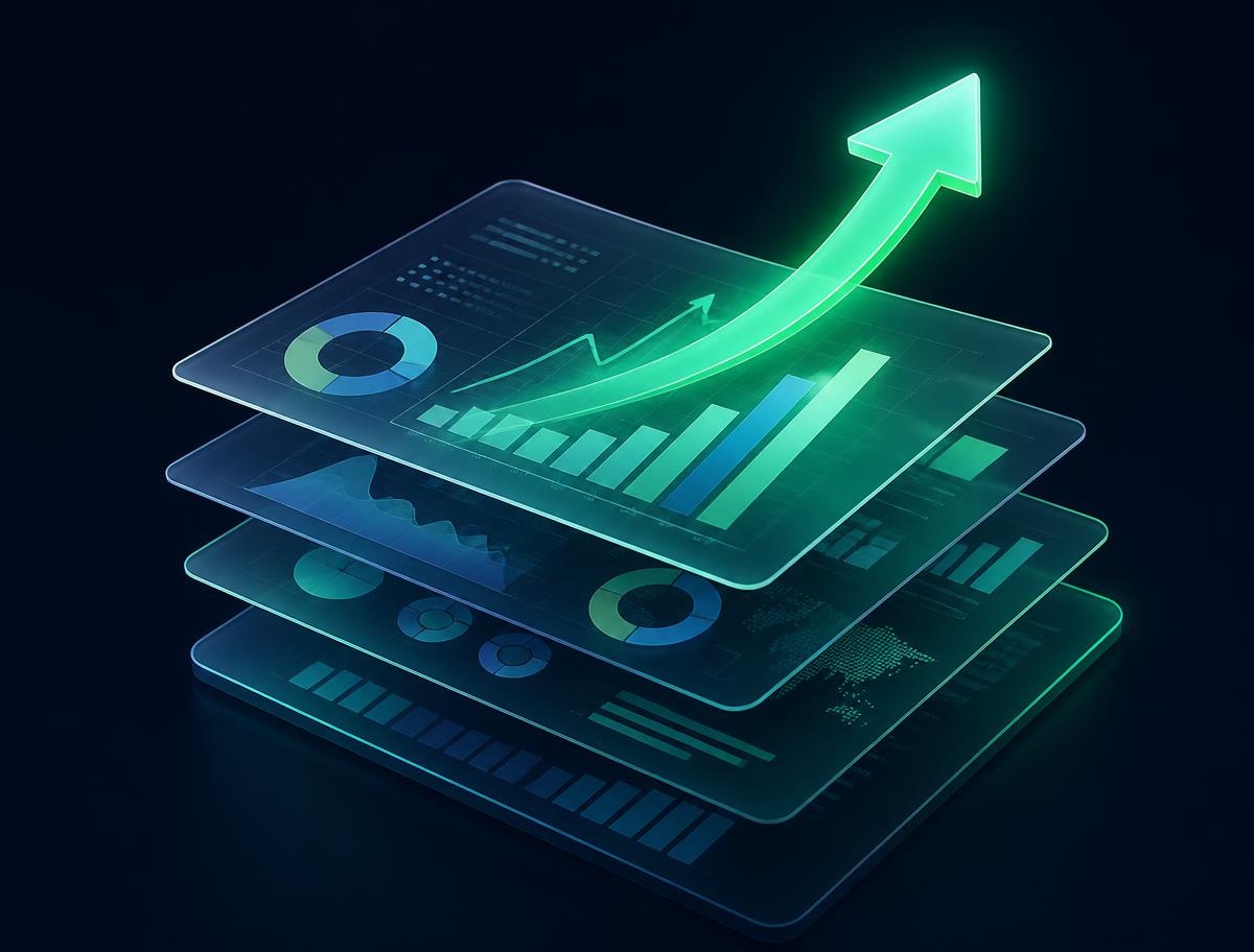 Layered financial reports with an upward performance arrow